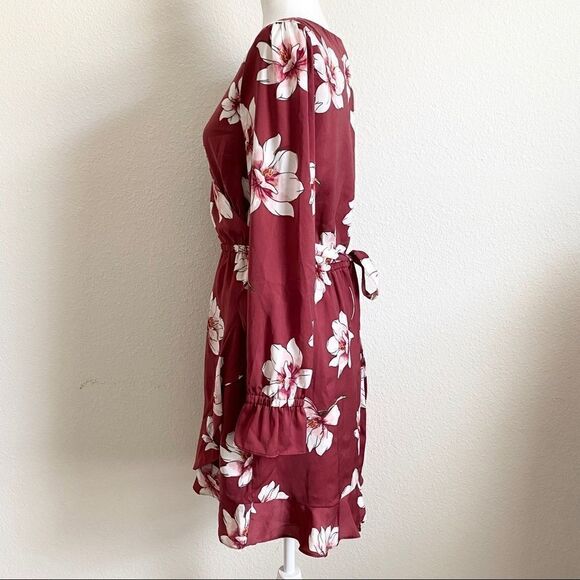 CUPCAKES and Cashmere Jarrett Red Floral Ruffle Wrap Hawaiian Dress Women’s M - Picture 6 of 10